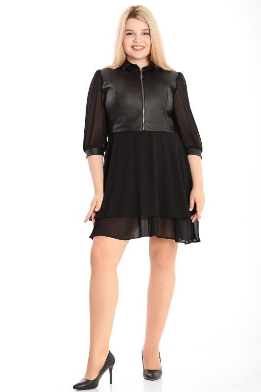 Stylish black women's dress made of chiffon and eco-leather